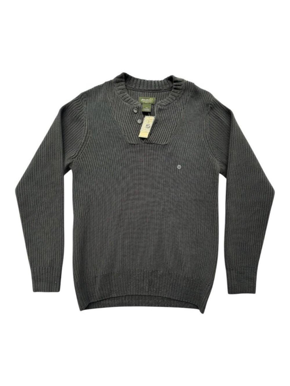 Eddie Bauer Mens Waffle Knit Henley Sweater Medium Dark Charcoal 100% Cotton